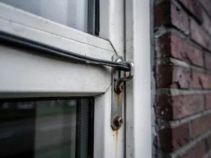 Verouderd wit PVC-raamkozijn met vervormd afdichtingsrubber en gebogen sluiting in bakstenen gevel, tekenen van tochtverlies.
