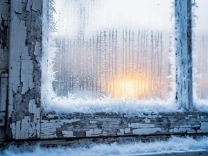 Berijpt houten raamkozijn met afbladderende witte verf, ijskristallen op enkelvoudig glas en warm amber licht van binnen.