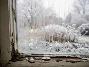 Beslagen vensterruit met waterdruppels, verweerd houten kozijn met afbladderende verf, bevroren Nederlandse wintertuin op de achtergrond.