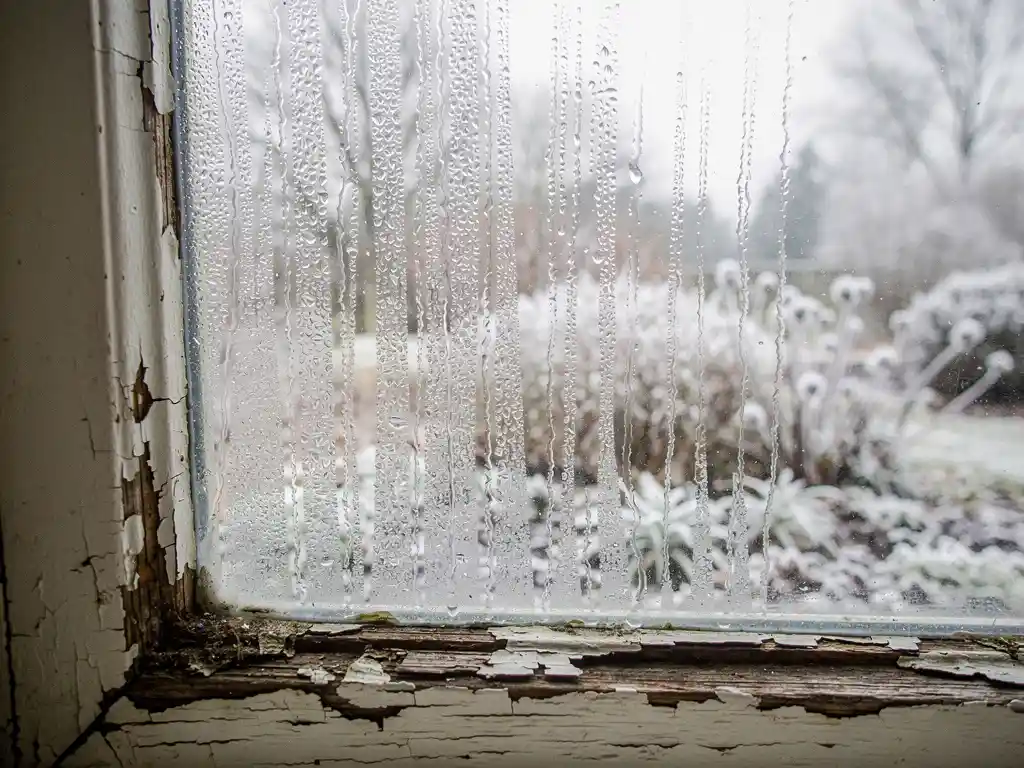 Beslagen vensterruit met waterdruppels, verweerd houten kozijn met afbladderende verf, bevroren Nederlandse wintertuin op de achtergrond.
