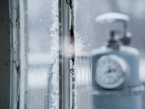 Bevroren enkel-glas raam met ijskristallen, condensatiestrepen en een verweerde witte lijst die warmteverlies veroorzaakt.
