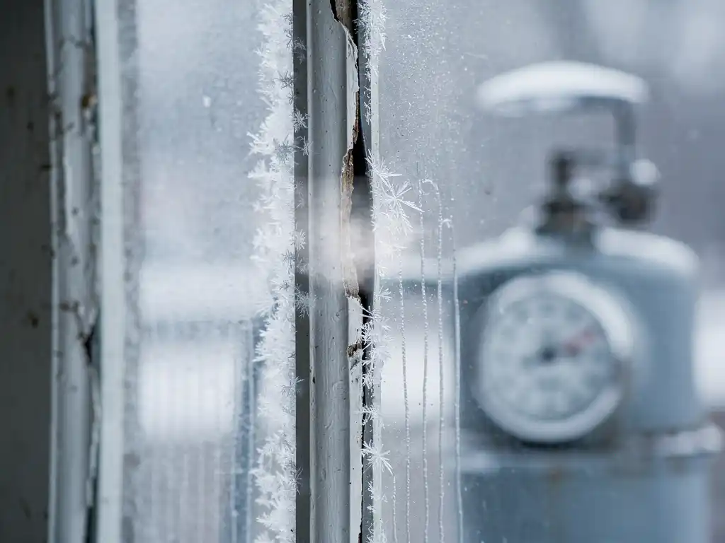 Bevroren enkel-glas raam met ijskristallen, condensatiestrepen en een verweerde witte lijst die warmteverlies veroorzaakt.