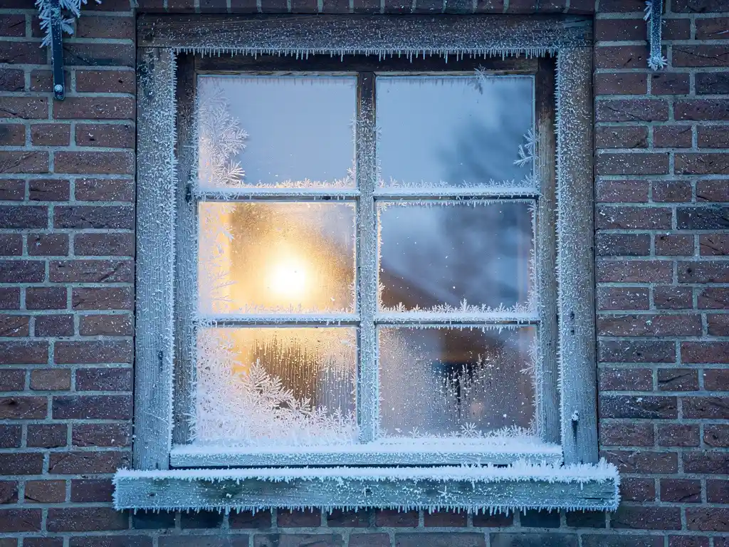 Berijpt raam van een Hollands bakstenen huis met warm goudgeel licht van binnen en koude blauwe wintermist buiten.