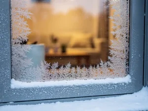 Bevroren vensterrand met ijskristallen, warme gouden gloed van dubbel glas en besneeuwde dorpel in winterdaglicht.