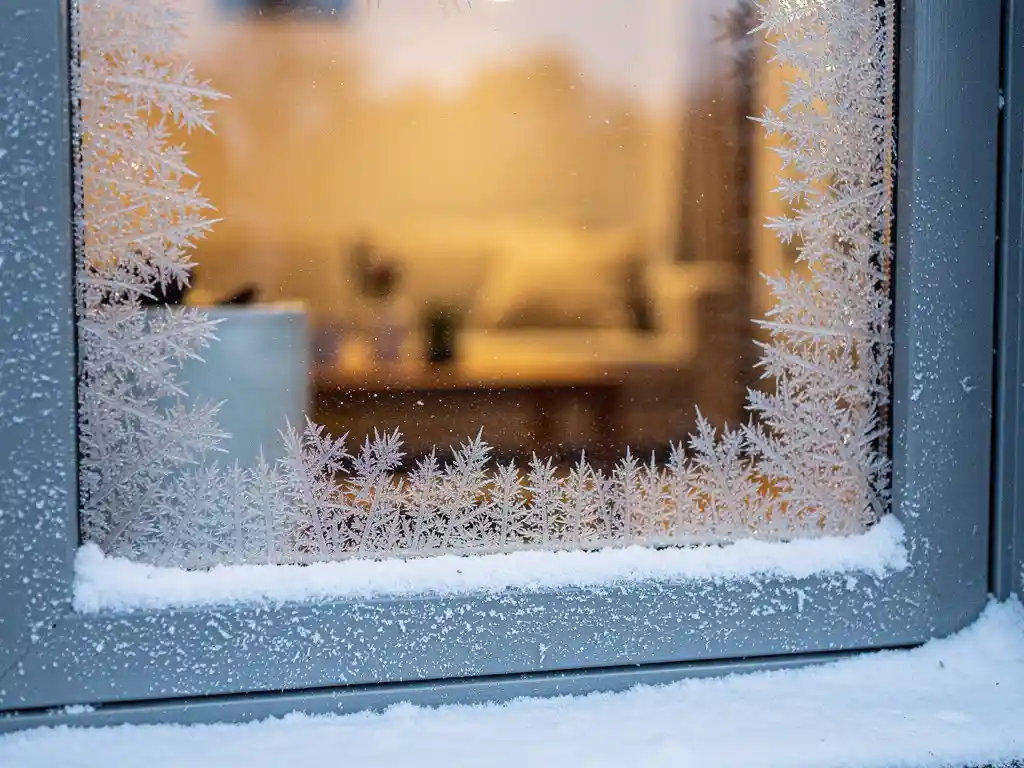 Bevroren vensterrand met ijskristallen, warme gouden gloed van dubbel glas en besneeuwde dorpel in winterdaglicht.