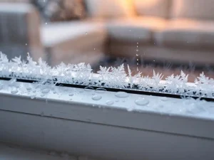 IJskristallen op wit PVC-vensterbank met condensdruppels op glas en warme woonkamer op de achtergrond.