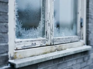 Verouderd dubbelglas raam met condensatie en rijp tussen de ruiten, afbladderende verf op de dorpel, Nederlandse woning op de achtergrond.
