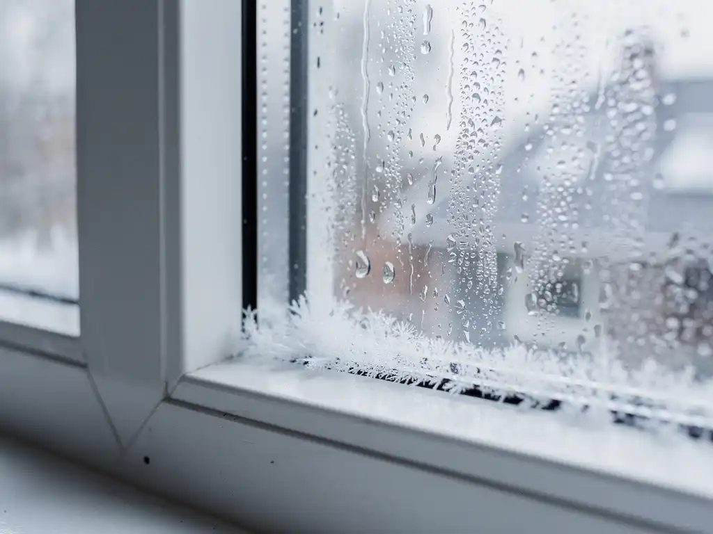 Condensatiedruppels tussen dubbele beglazing van wit uPVC raamkozijn met rijp langs de vensterbank in winters grijs licht.