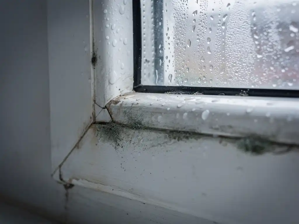 Witte PVC raamkozijn met condensatie, waterdruppels en schimmelvorming langs de binnenrand bij een grijze muur.