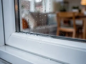 Condensatiedruppels op een wit uPVC vensterframe met koud ochtendlicht en een wazige warme Nederlandse woonkamer op de achtergrond.