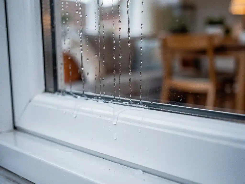 Condensatiedruppels op een wit uPVC vensterframe met koud ochtendlicht en een wazige warme Nederlandse woonkamer op de achtergrond.