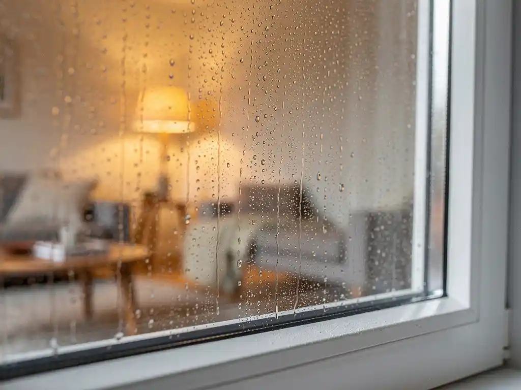 Watercondens op het koude glas van een wit uPVC raamkozijn met warm gouden woonkamerlicht op de achtergrond.