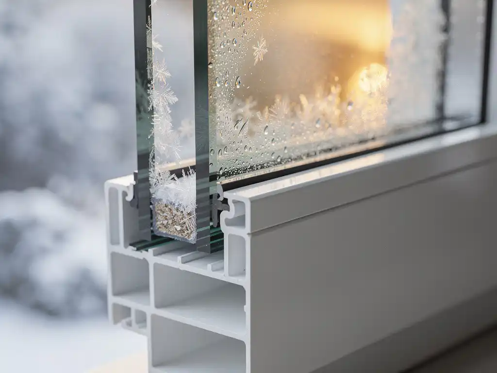 Drievoudig beglazing dwarsdoorsnede in wit PVC-kozijn, rijp op buitenruit en warm goudkleurig licht zichtbaar door de glaslagen.