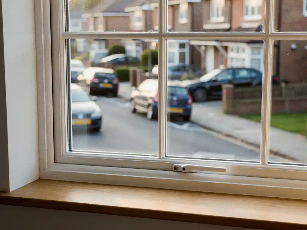 Wit uPVC raamkozijn met drievoudige beglazing in Nederlandse woning, drukke straat zichtbaar door geluidsisolerend glas, warme eiken vensterbank.