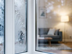 Wit PVC-raamkozijn met drievoudige beglazing, rijp op het buitenglas, warme woonkamer op de achtergrond in winters daglicht.