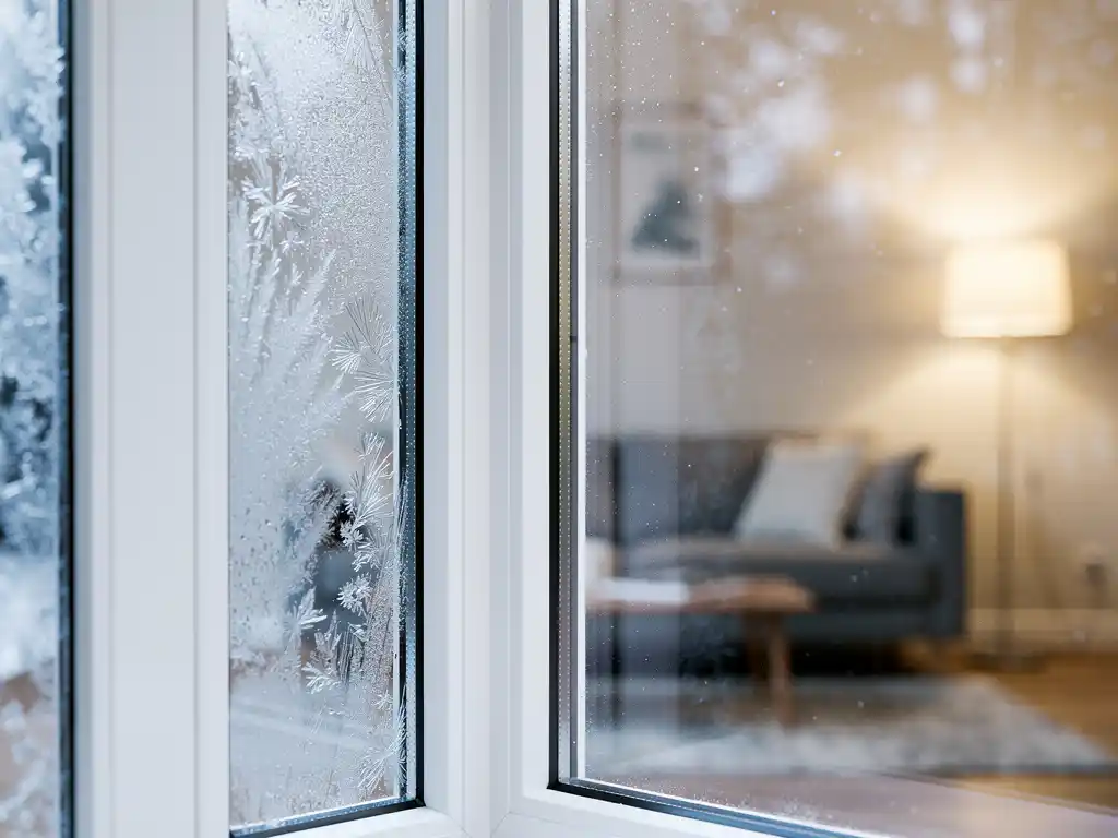 Wit PVC-raamkozijn met drievoudige beglazing, rijp op het buitenglas, warme woonkamer op de achtergrond in winters daglicht.