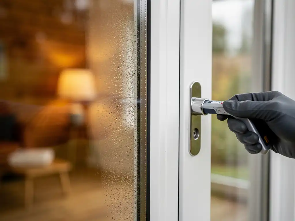 Technicus met handschoen die thermische inspectietool tegen triple-beglazing van wit uPVC kozijn houdt, condensatie zichtbaar op buitenruit.