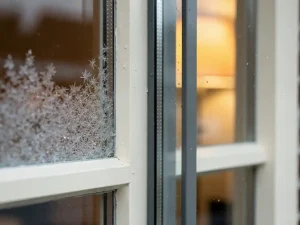Dwarsdoorsnede van kozijn in Nederlandse muur: enkel glas met vochtcondensatie naast dubbel glas met luchtspleet en warm binnenlicht.