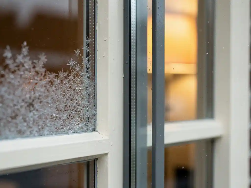 Dwarsdoorsnede van kozijn in Nederlandse muur: enkel glas met vochtcondensatie naast dubbel glas met luchtspleet en warm binnenlicht.
