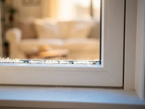 Wit uPVC-raamkozijn met HR++-beglazing, condensvrij glas in warm middaglicht, vorst zichtbaar op de buitenvensterbank.