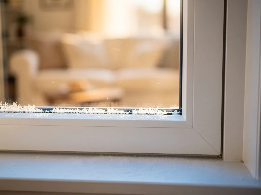 Wit uPVC-raamkozijn met HR++-beglazing, condensvrij glas in warm middaglicht, vorst zichtbaar op de buitenvensterbank.