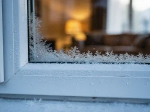 Bevroren raamkozijn met ijskristallen op het glas en condensatie, warme woonkamer op de achtergrond, winterdaglicht.