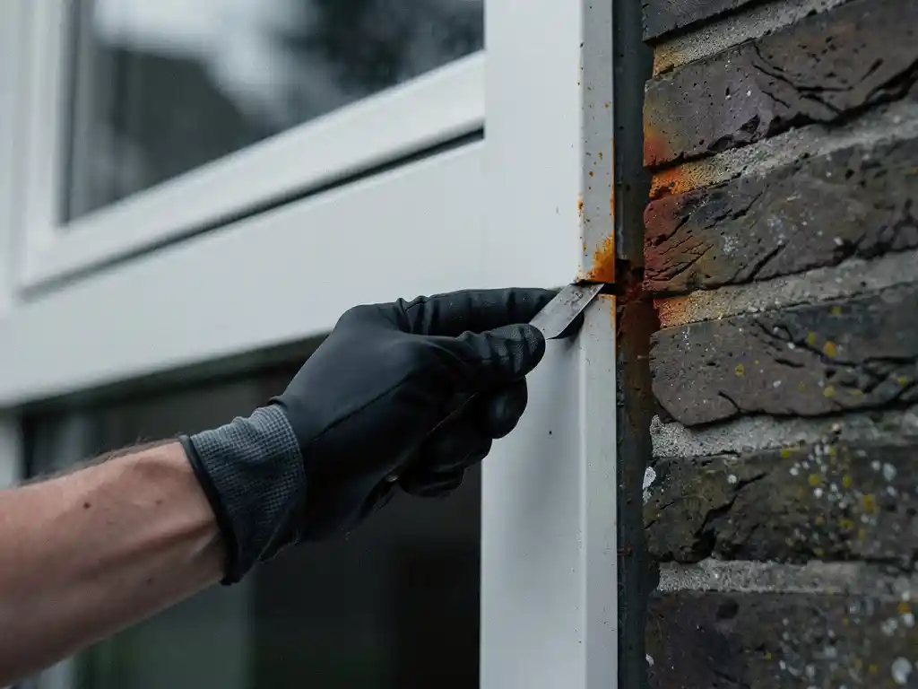 Gehandschoende hand die een wit PVC-raamkozijn probeert open te wrikken op een Nederlandse woning met verweerde bakstenen muur.