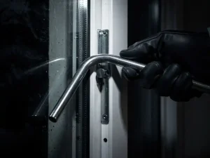 Gehandschoende hand met koevoet geforceerd in het slotmechanisme van een wit PVC-raam, nachtelijke inbraakpoging.