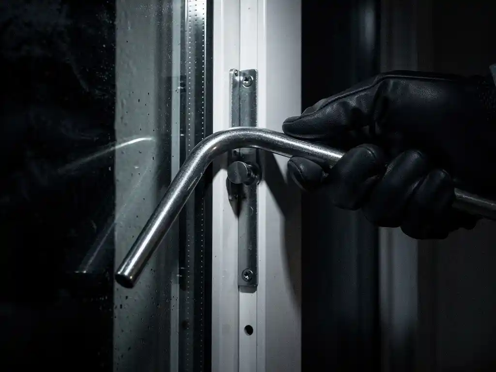 Gehandschoende hand met koevoet geforceerd in het slotmechanisme van een wit PVC-raam, nachtelijke inbraakpoging.