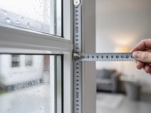 Witte uPVC vensterbank wordt opgemeten met een stalen meetlint, condensatie zichtbaar op het dubbele glas in een Nederlandse woning.