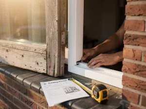 Verouderd houten kozijn vervangen door wit PVC kozijn in Nederlandse bakstenen gevel, met vergunningsdocument en meetlint op de vensterbank.