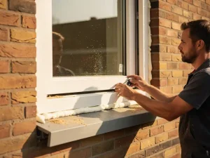 Installateur plaatst groot wit PVC-kozijn in bakstenen gevelopening van Nederlandse woning, met installatiefoam langs de randen.