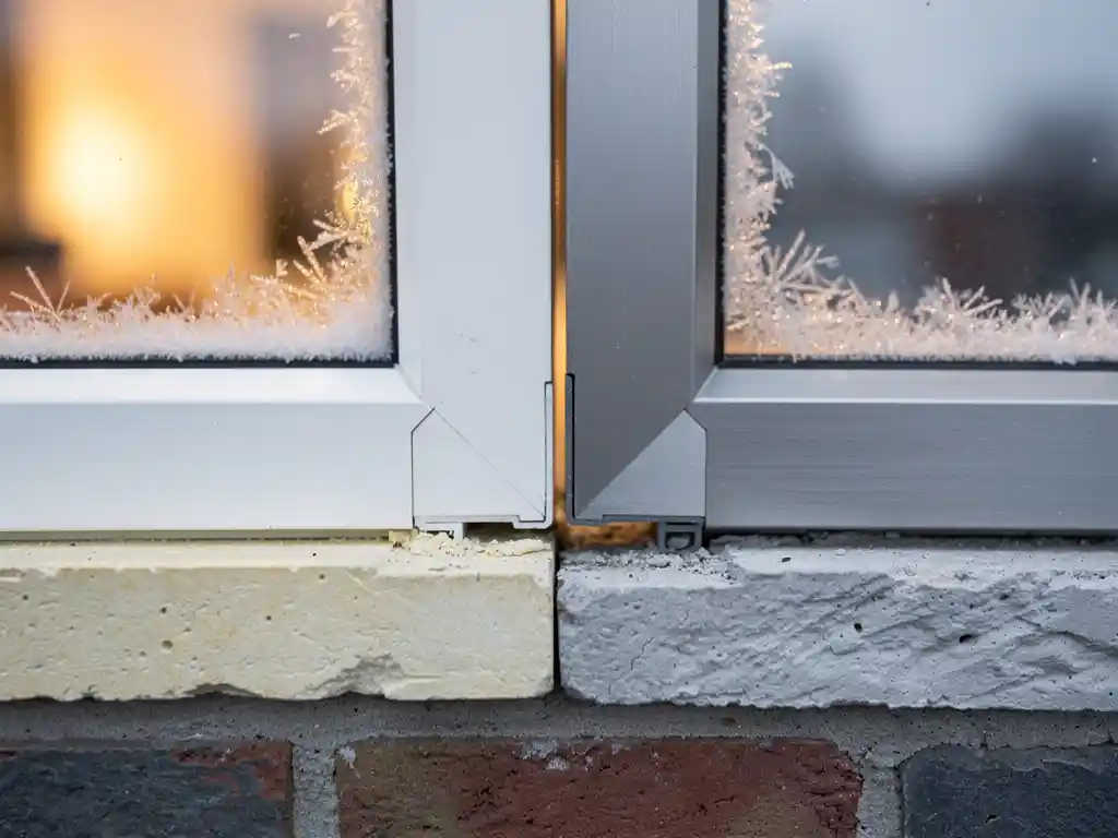 Doorsnede van wit kunststof kozijn naast smal aluminium kozijn in Nederlandse woning, berijpt glas met warm amber binnenlicht.