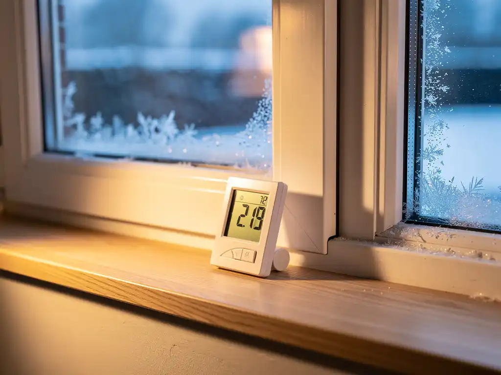 Wit uPVC raamkozijn met drievoudige beglazing in Nederlandse woning, warme binnenverlichting contrasteert met bevroren buitenzijde.