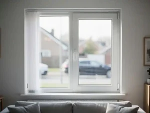 Wit uPVC kozijn met dubbele beglazing in Nederlandse woonkamer, zacht daglicht filtert naar binnen terwijl straatverkeer wazig op de achtergrond zichtbaar is.