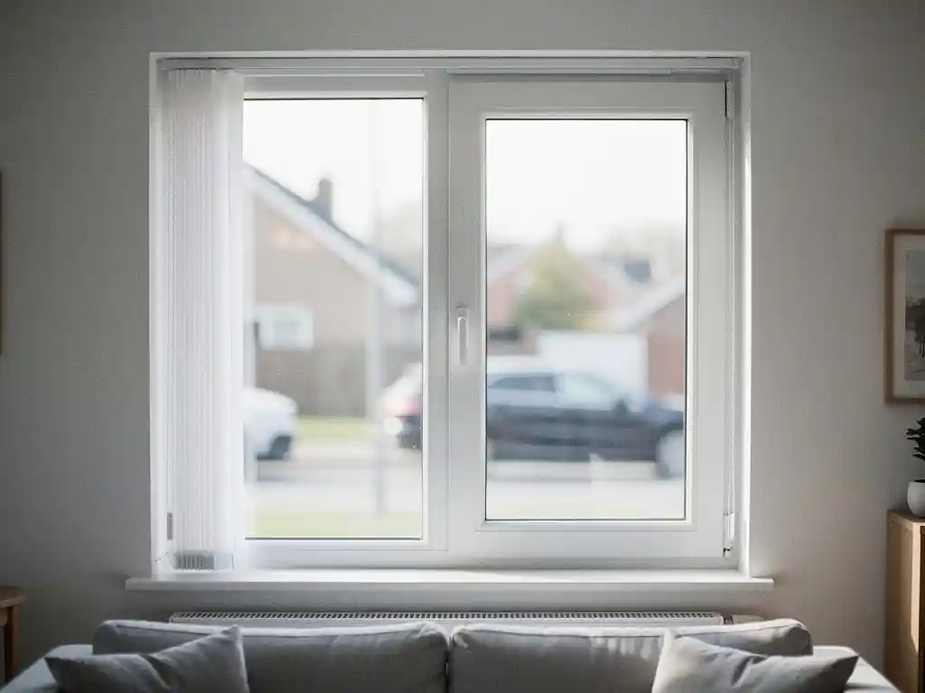 Wit uPVC kozijn met dubbele beglazing in Nederlandse woonkamer, zacht daglicht filtert naar binnen terwijl straatverkeer wazig op de achtergrond zichtbaar is.