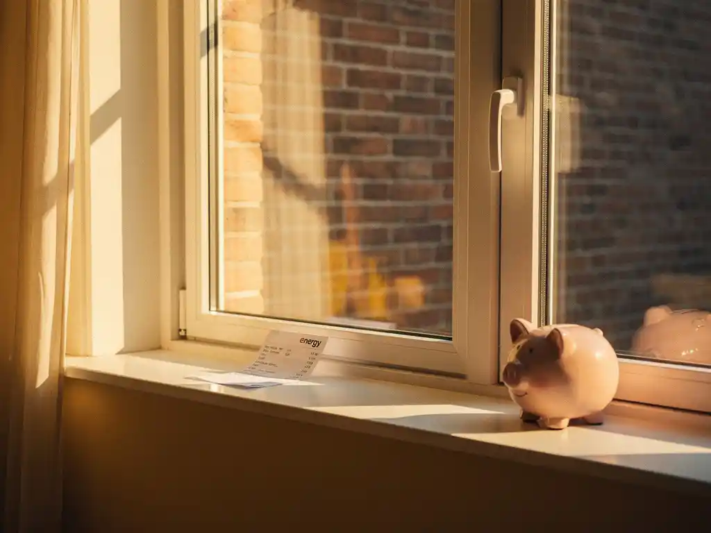 Nieuw wit PVC-raamkozijn in Nederlandse bakstenen woning met zonlicht door driedubbel glas, spaarpot en energierekening op de vensterbank.