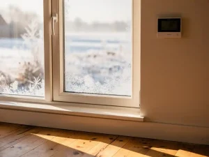 Wit uPVC raamkozijn in Nederlandse woonkamer met digitale thermostaat, daglicht door driedubbel glas op houten vloer.