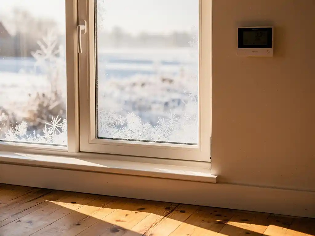 Wit uPVC raamkozijn in Nederlandse woonkamer met digitale thermostaat, daglicht door driedubbel glas op houten vloer.