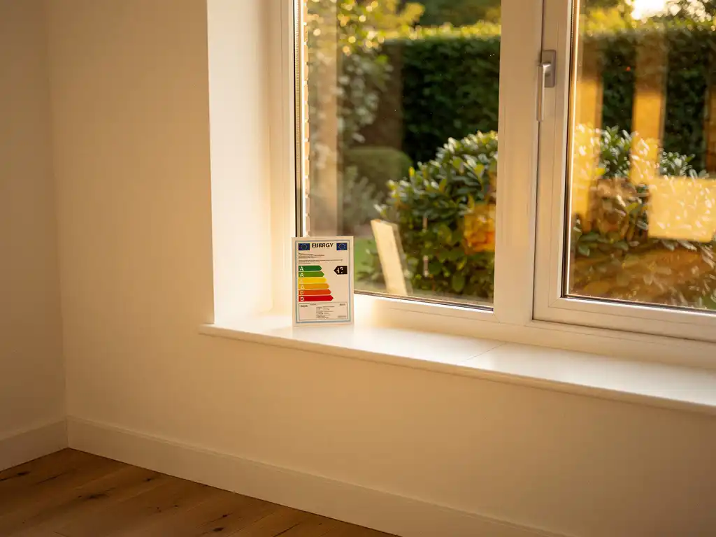 Wit PVC-raamkozijn in moderne Nederlandse woning met driedubbel glas, energielabel op vensterbank en zonnelicht op eiken vloer.