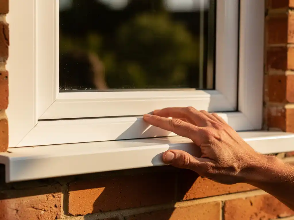 Timmerman inspecteert wit uPVC raamkozijn in bakstenen muur, zacht middaglicht door beglazing, onscherpe tuin op achtergrond.