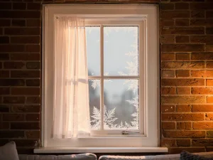 Nieuw wit uPVC raamkozijn in bakstenen muur met vorst op het glas, warme amber verlichting en doorzichtig gordijn in gezellige woonkamer.