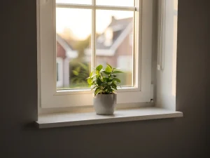 Wit kunststof kozijn in moderne Nederlandse woning met zonlicht door dubbel glas op vensterbank met kleine kamerplant.