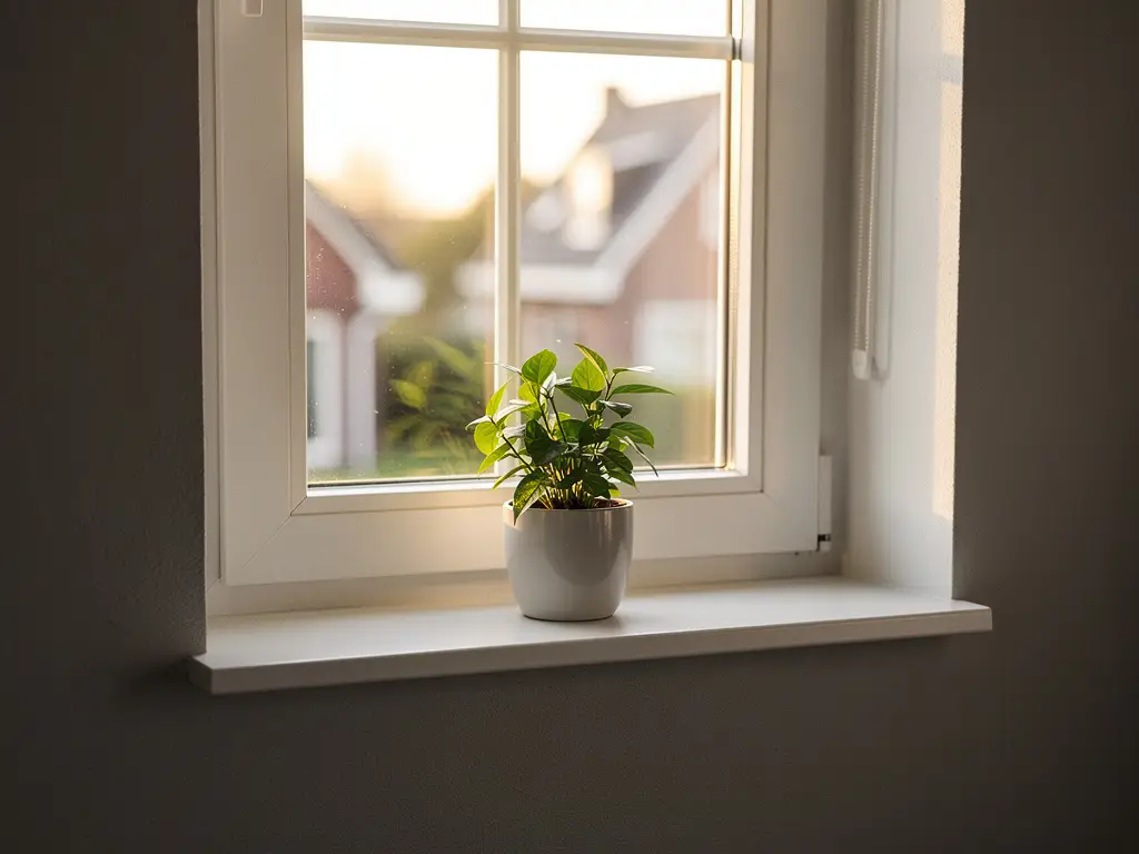 Wit kunststof kozijn in moderne Nederlandse woning met zonlicht door dubbel glas op vensterbank met kleine kamerplant.