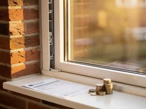 Wit uPVC-raamkozijn in Nederlandse bakstenen gevel met subsidiedocument en euromunten op de vensterbank in warm middaglicht.