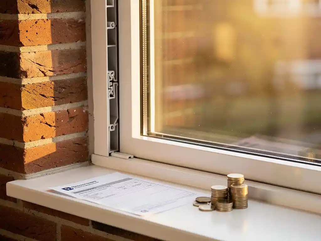 Wit uPVC-raamkozijn in Nederlandse bakstenen gevel met subsidiedocument en euromunten op de vensterbank in warm middaglicht.