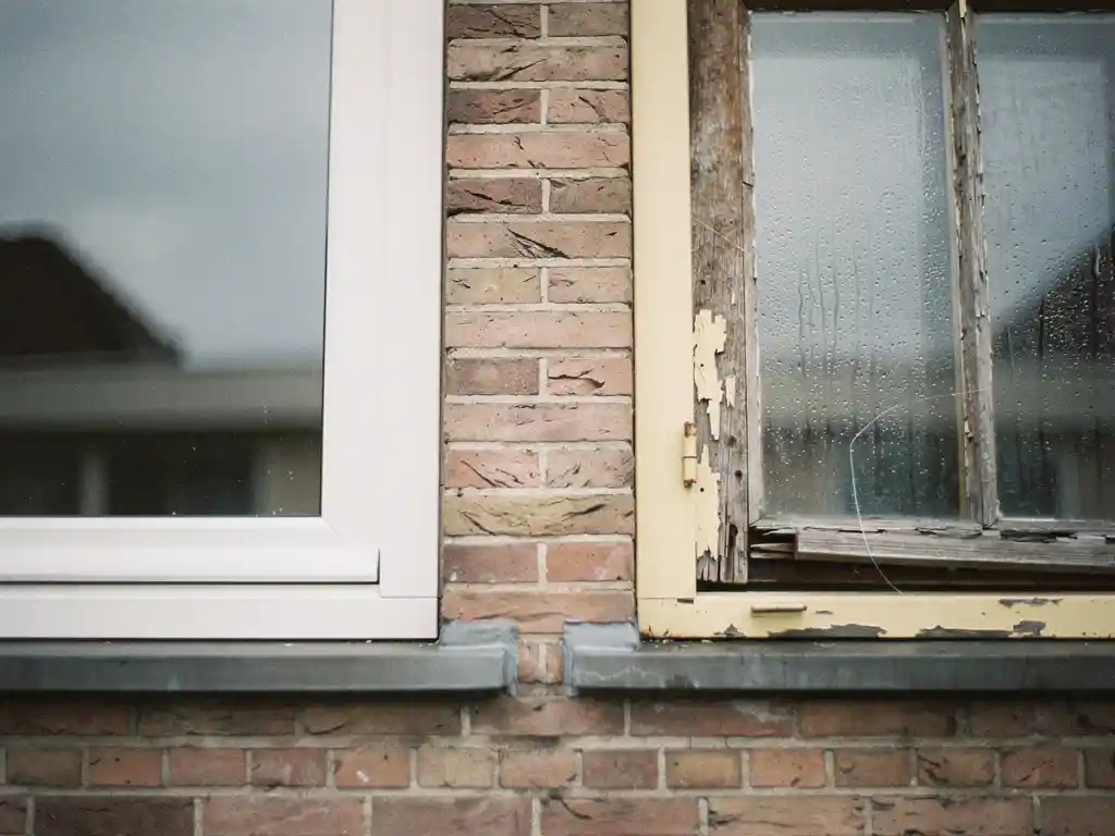 Nieuw wit kunststof kozijn naast verweerd houten raamkozijn op Nederlandse bakstenen gevel, condensatie zichtbaar op oud glas.
