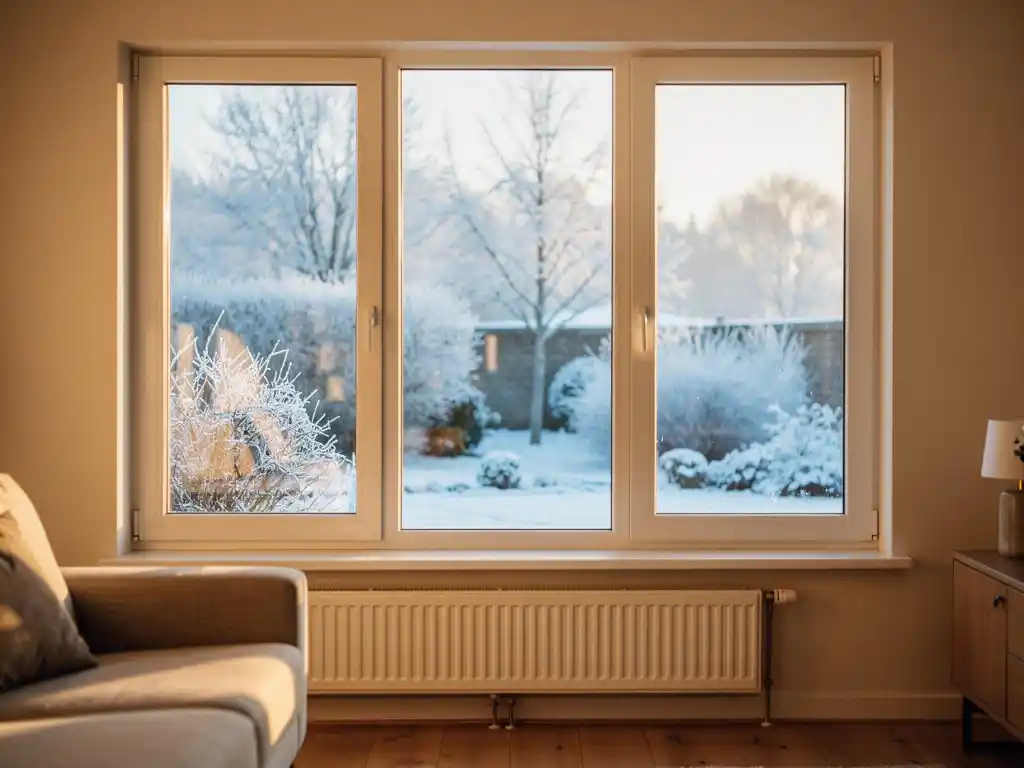 Moderne Nederlandse woonkamer met wit PVC-raam en bevroren winterlandschap buiten, warm gouden licht contrasteert met ijsblauwe buitenlucht.
