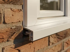Wit kunststof kozijn met dubbelglas in bakstenen gevel van Nederlandse woning, close-up van profielranden in middaglicht.