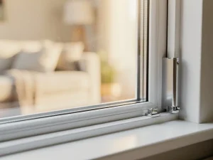 Wit uPVC kozijn met dubbel glas in Nederlandse woning, helder daglicht en scherpe witte en zilveren tinten.